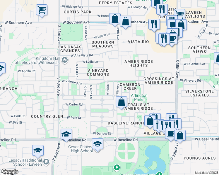map of restaurants, bars, coffee shops, grocery stores, and more near 6814 South 39th Drive in Phoenix