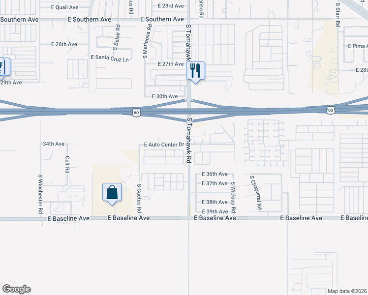 map of restaurants, bars, coffee shops, grocery stores, and more near 3448-3450 East Auto Center Drive in Apache Junction