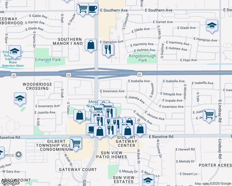 map of restaurants, bars, coffee shops, grocery stores, and more near 2115 East Inverness Avenue in Mesa