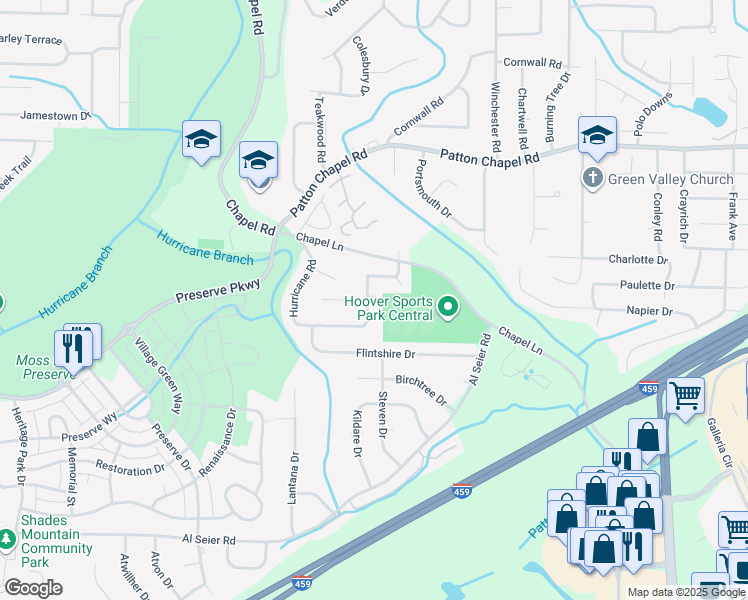 map of restaurants, bars, coffee shops, grocery stores, and more near 3486 Hurricane Road in Birmingham