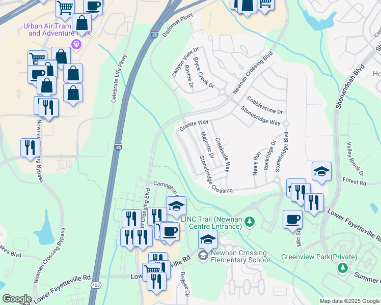 map of restaurants, bars, coffee shops, grocery stores, and more near 140 Granite Way in Newnan