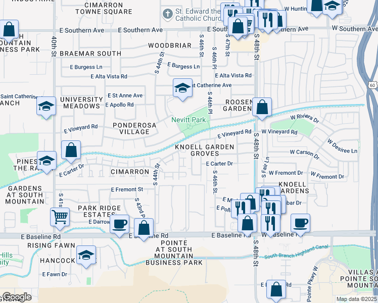 map of restaurants, bars, coffee shops, grocery stores, and more near 6822 South 45th Place in Phoenix