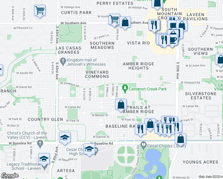 map of restaurants, bars, coffee shops, grocery stores, and more near 6814 South 39th Drive in Phoenix
