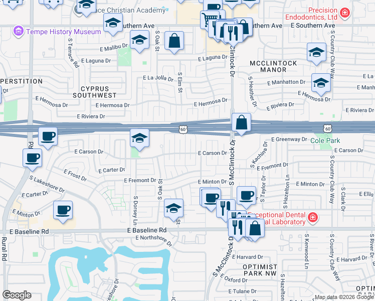 map of restaurants, bars, coffee shops, grocery stores, and more near 4431 South Elm Street in Tempe