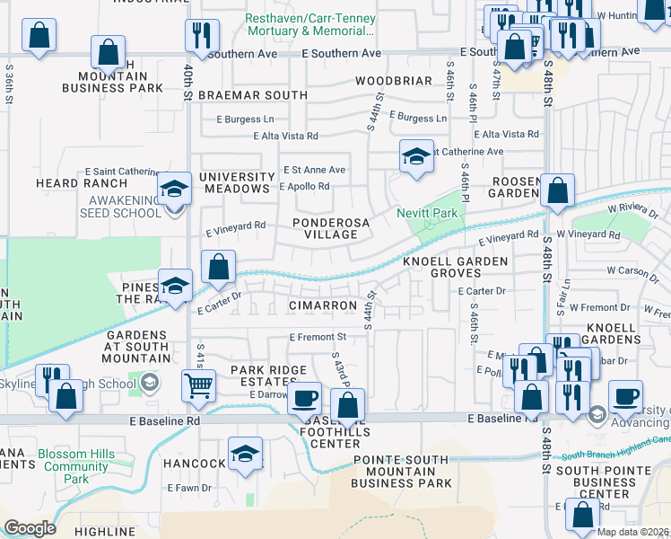 map of restaurants, bars, coffee shops, grocery stores, and more near 6841 South 43rd Street in Phoenix