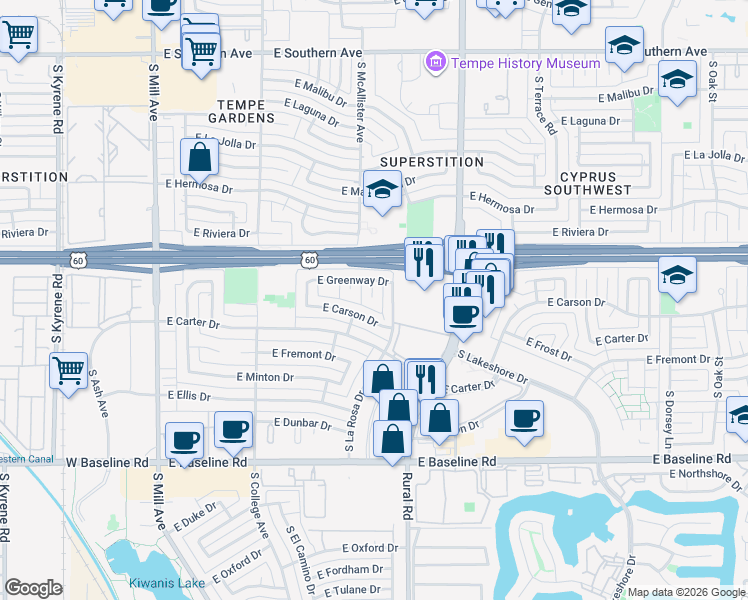 map of restaurants, bars, coffee shops, grocery stores, and more near 4423 South McAllister Avenue in Tempe