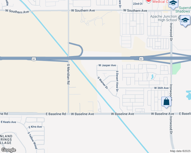 map of restaurants, bars, coffee shops, grocery stores, and more near 3414 S Warner Dr in Apache Junction
