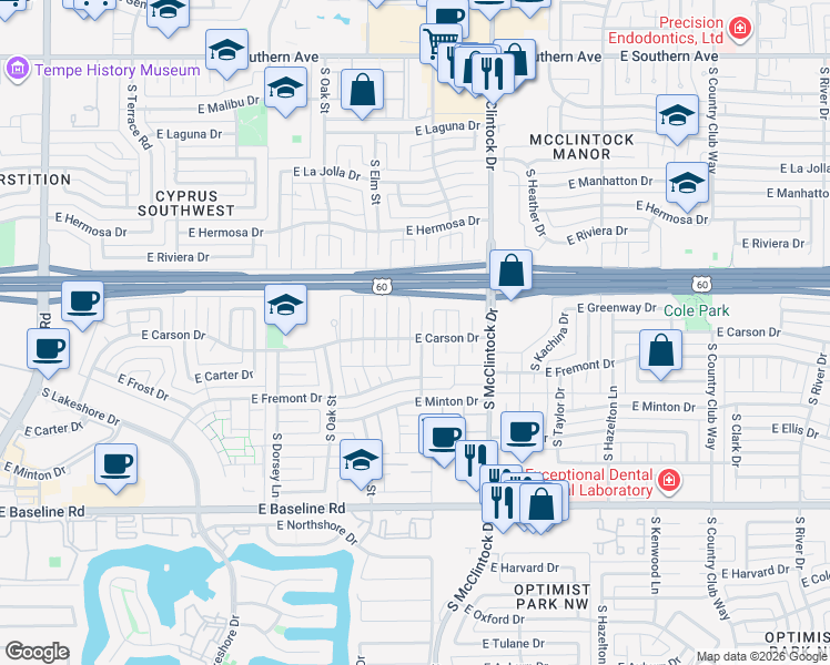 map of restaurants, bars, coffee shops, grocery stores, and more near 4430 S Willow Dr in Tempe