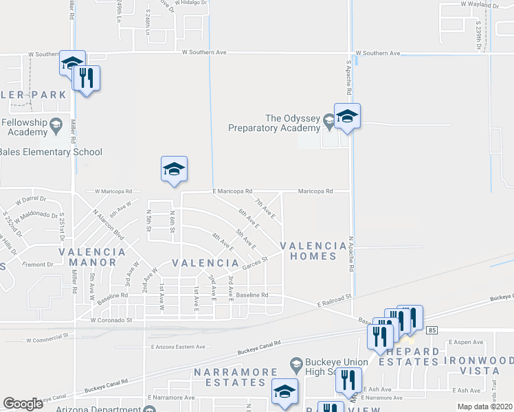 map of restaurants, bars, coffee shops, grocery stores, and more near 115 7th Avenue East in Buckeye