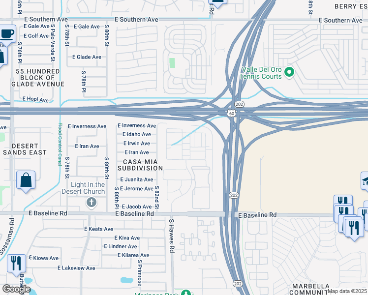 map of restaurants, bars, coffee shops, grocery stores, and more near 1719 South 82nd Way in Mesa