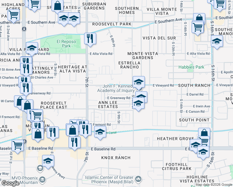 map of restaurants, bars, coffee shops, grocery stores, and more near 835 E Darrel Rd in Phoenix