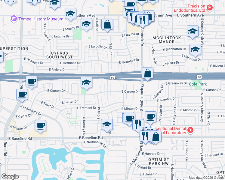 map of restaurants, bars, coffee shops, grocery stores, and more near 4431 South Elm Street in Tempe