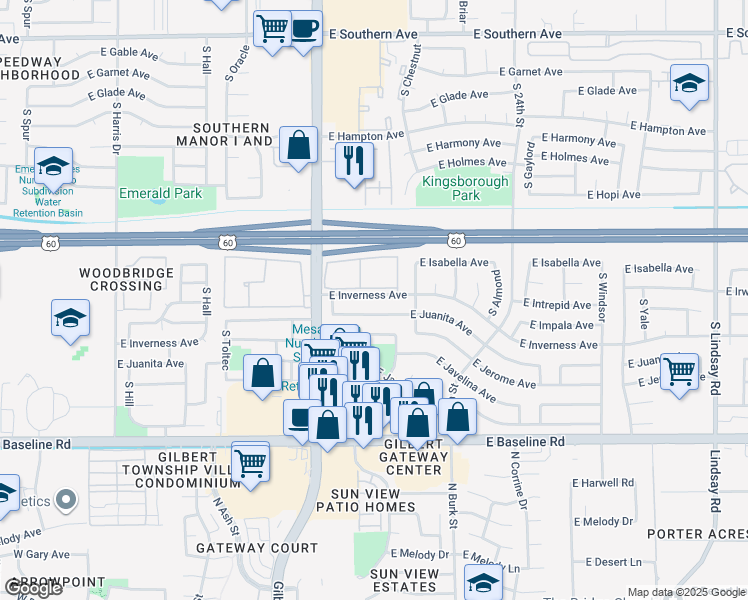 map of restaurants, bars, coffee shops, grocery stores, and more near 2109 East Inverness Avenue in Mesa