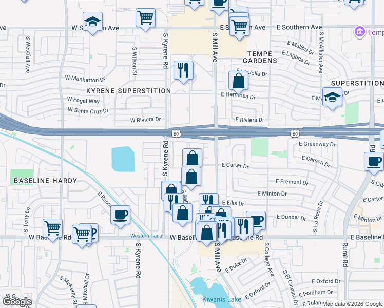 map of restaurants, bars, coffee shops, grocery stores, and more near 4602 South Ash Avenue in Tempe