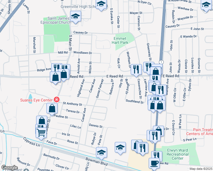 map of restaurants, bars, coffee shops, grocery stores, and more near 411 Gordon Street in Greenville
