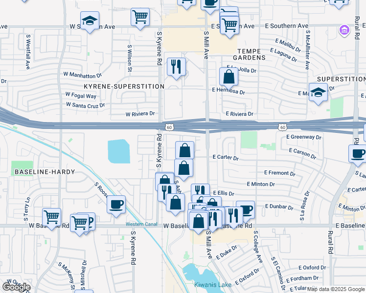 map of restaurants, bars, coffee shops, grocery stores, and more near 4602 South Ash Avenue in Tempe