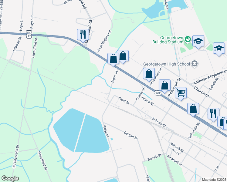 map of restaurants, bars, coffee shops, grocery stores, and more near 204 Ridge Street in Georgetown