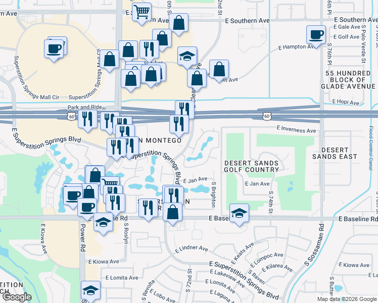 map of restaurants, bars, coffee shops, grocery stores, and more near 1746 South Clearview Avenue in Mesa