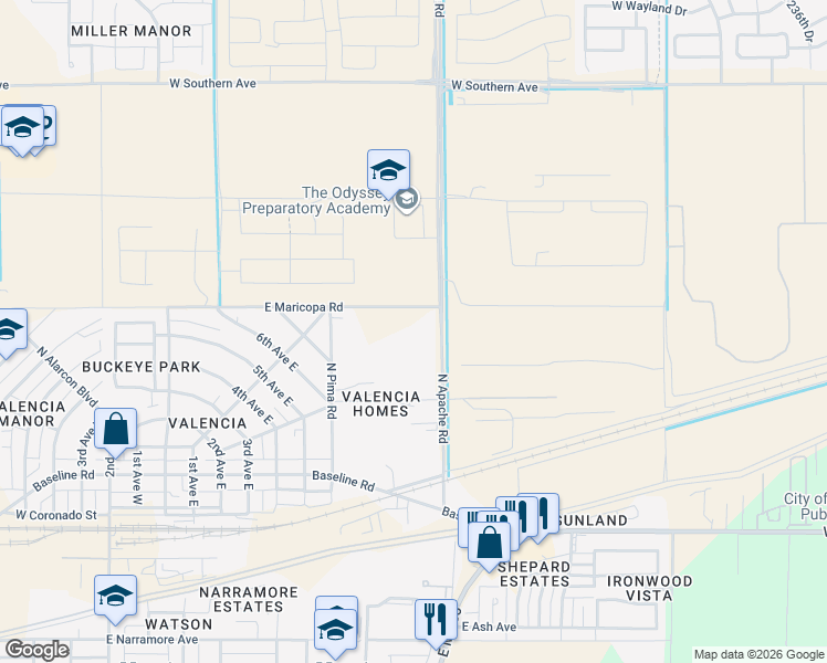 map of restaurants, bars, coffee shops, grocery stores, and more near 260 North Apache Road in Buckeye