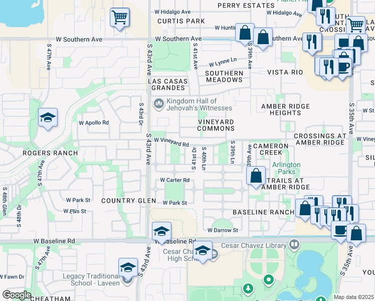 map of restaurants, bars, coffee shops, grocery stores, and more near 6807 South 41st Lane in Phoenix