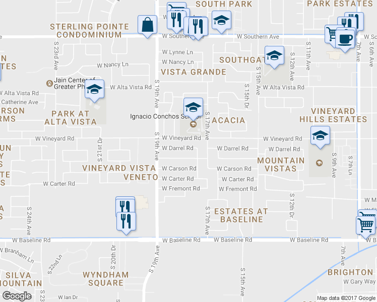 map of restaurants, bars, coffee shops, grocery stores, and more near 1737 West Darrel Road in Phoenix
