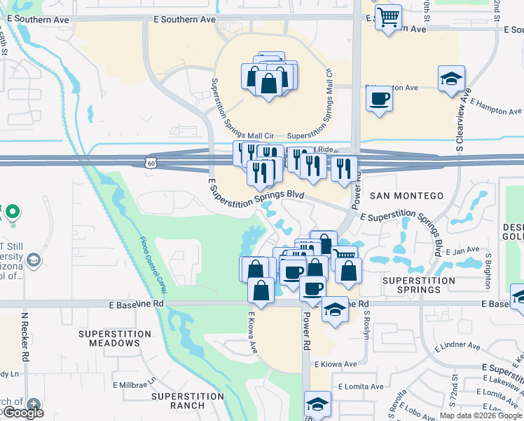map of restaurants, bars, coffee shops, grocery stores, and more near 1846 Superstition Springs Condominiums in Mesa