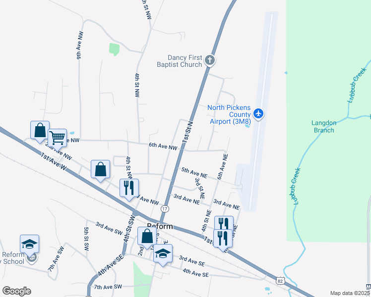 map of restaurants, bars, coffee shops, grocery stores, and more near 601 1st Street North in Reform