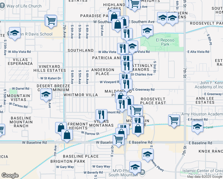 map of restaurants, bars, coffee shops, grocery stores, and more near 202 West Carson Road in Phoenix