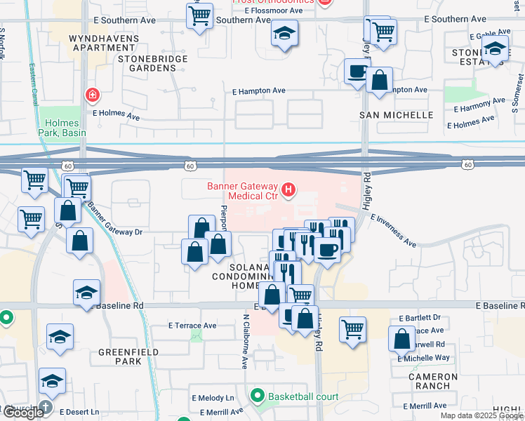 map of restaurants, bars, coffee shops, grocery stores, and more near 2940 East Banner Gateway Drive in Gilbert