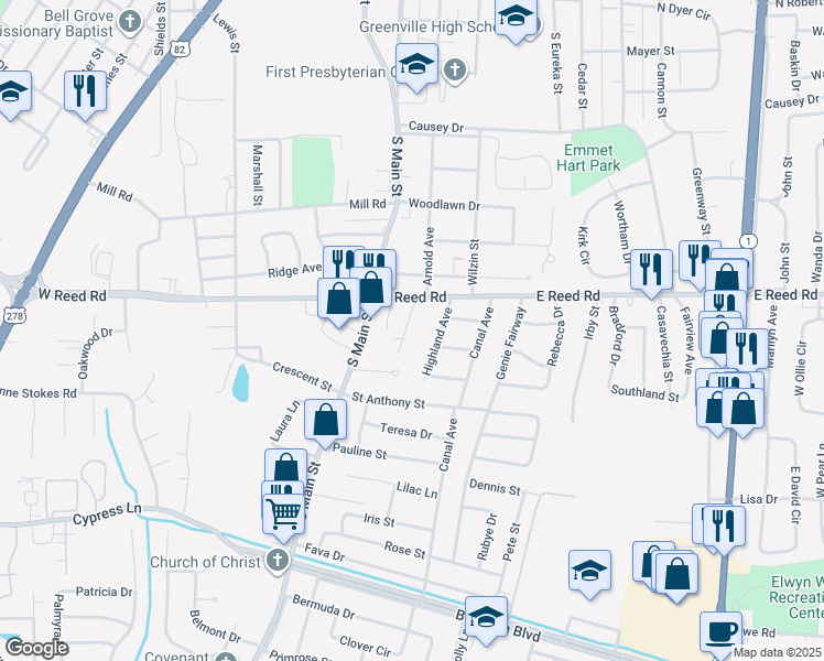 map of restaurants, bars, coffee shops, grocery stores, and more near 1440 Sandy Avenue in Greenville