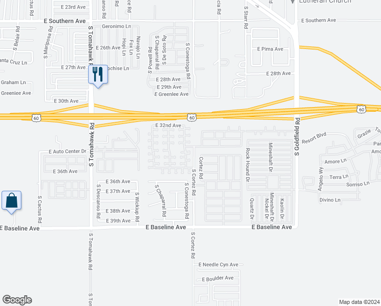 map of restaurants, bars, coffee shops, grocery stores, and more near 3405 South Conestoga Road in Apache Junction