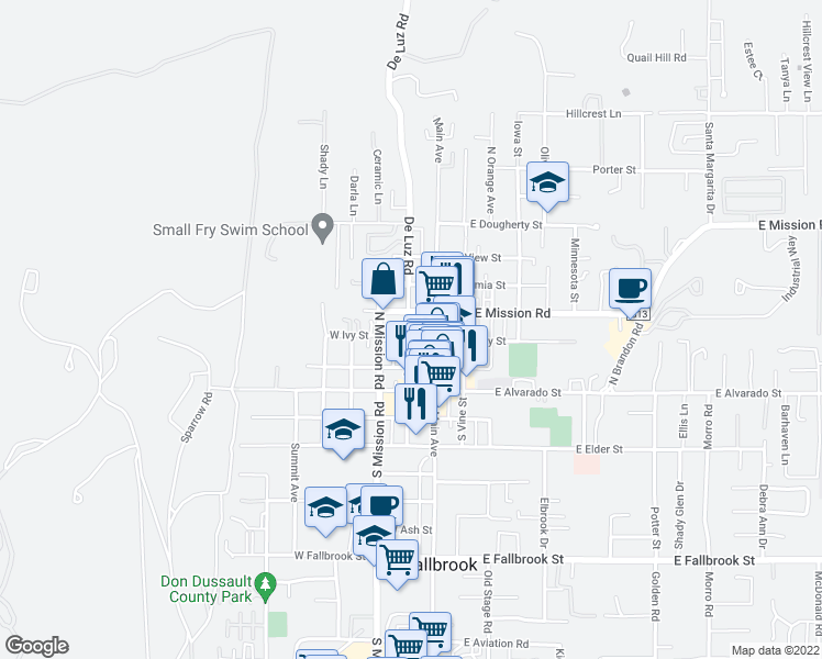 map of restaurants, bars, coffee shops, grocery stores, and more near 313 North Pico Avenue in Fallbrook