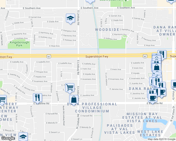 map of restaurants, bars, coffee shops, grocery stores, and more near 2855 East Irwin Avenue in Mesa