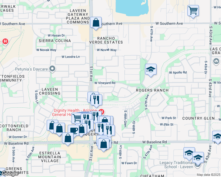 map of restaurants, bars, coffee shops, grocery stores, and more near 4923 West Glass Lane in Phoenix