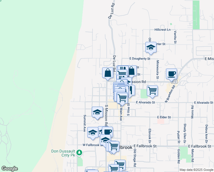 map of restaurants, bars, coffee shops, grocery stores, and more near 315 North Mission Road in Fallbrook