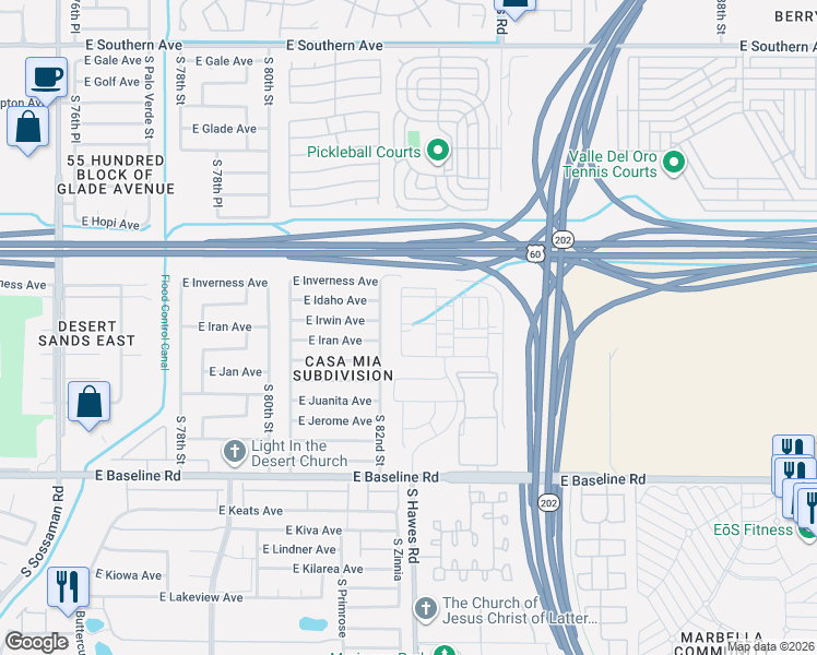map of restaurants, bars, coffee shops, grocery stores, and more near 1721 South 82nd Place in Mesa