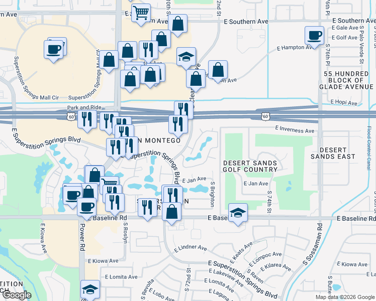 map of restaurants, bars, coffee shops, grocery stores, and more near 1746 South Clearview Avenue in Mesa