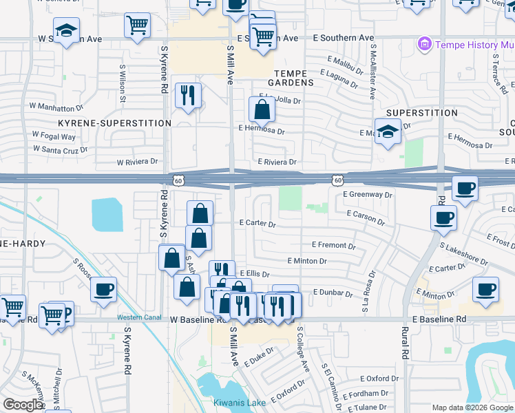 map of restaurants, bars, coffee shops, grocery stores, and more near 4518 South Forest Avenue in Tempe