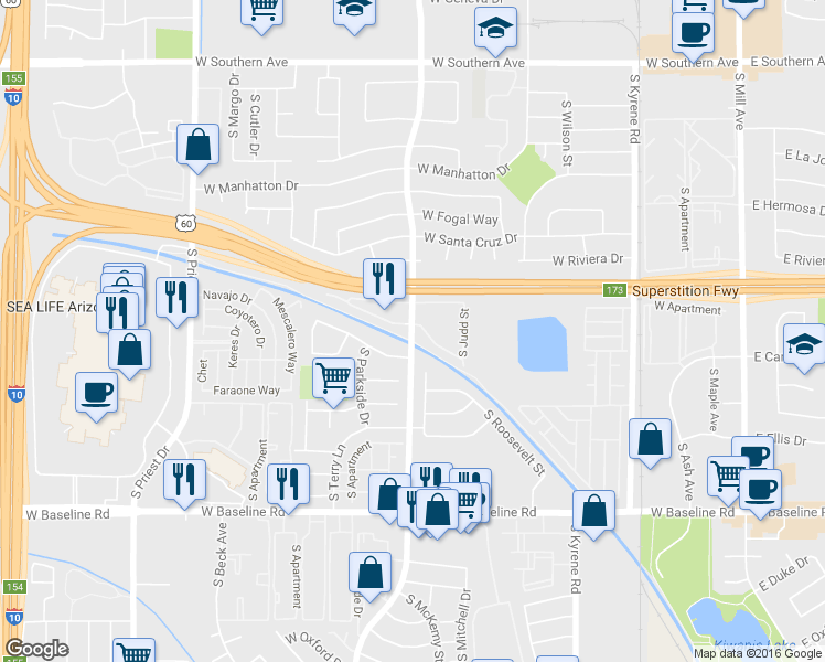 map of restaurants, bars, coffee shops, grocery stores, and more near 4505 South Hardy Drive in Tempe