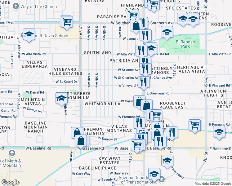 map of restaurants, bars, coffee shops, grocery stores, and more near 232 West Carson Road in Phoenix