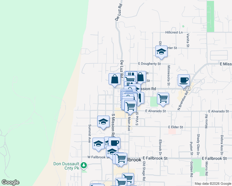 map of restaurants, bars, coffee shops, grocery stores, and more near 317 North Mission Road in Fallbrook