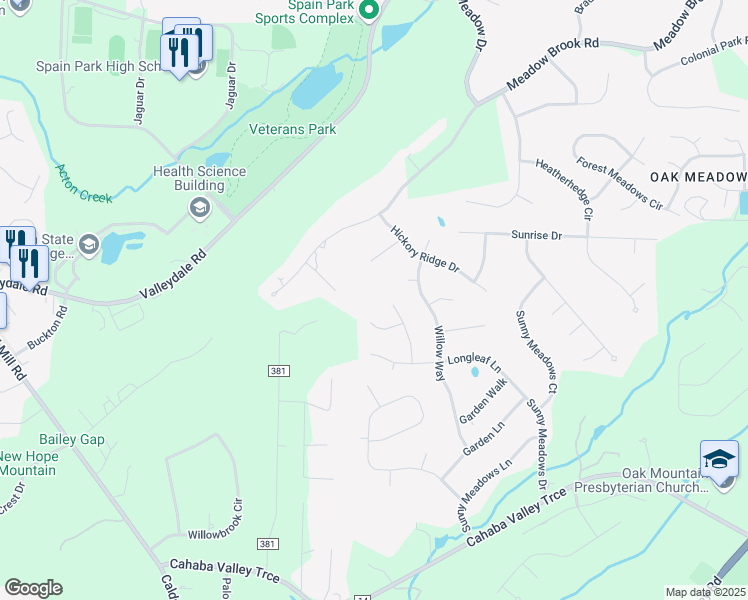 map of restaurants, bars, coffee shops, grocery stores, and more near 3215 Mountain Ridge Circle in Birmingham