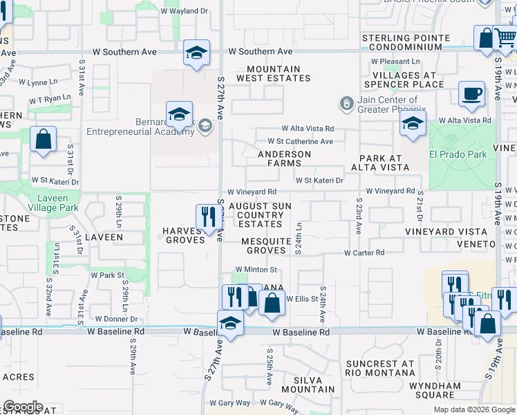map of restaurants, bars, coffee shops, grocery stores, and more near 2605 West Darrel Road in Phoenix