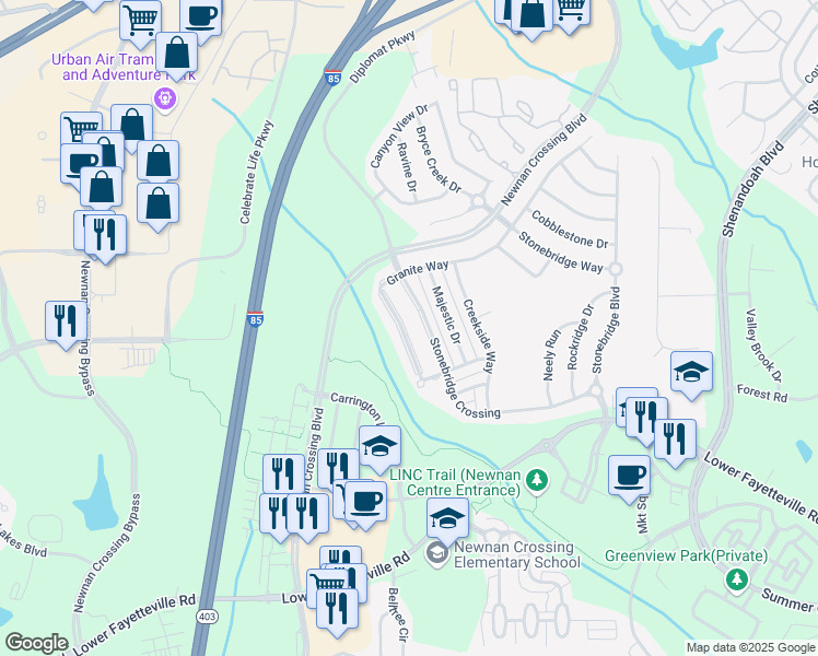map of restaurants, bars, coffee shops, grocery stores, and more near 140 Granite Way in Newnan