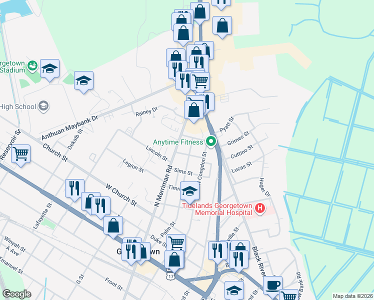 map of restaurants, bars, coffee shops, grocery stores, and more near 905 Palm Street in Georgetown