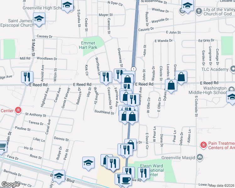 map of restaurants, bars, coffee shops, grocery stores, and more near 1453 Fairview Avenue in Greenville