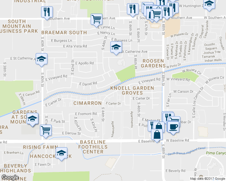 map of restaurants, bars, coffee shops, grocery stores, and more near 4430 East Vineyard Road in Phoenix