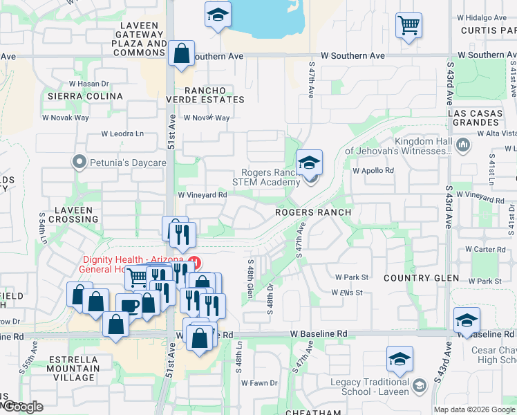 map of restaurants, bars, coffee shops, grocery stores, and more near 4814 West Darrell Road in Phoenix