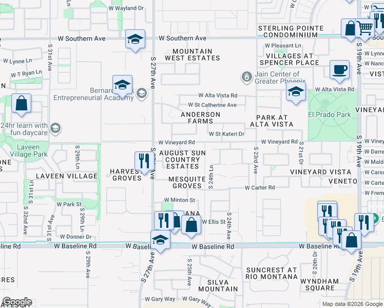map of restaurants, bars, coffee shops, grocery stores, and more near 2517 West Darrel Road in Phoenix