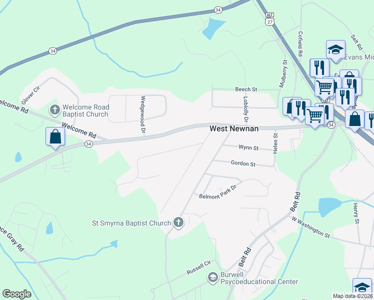 map of restaurants, bars, coffee shops, grocery stores, and more near 10 Thomas Way in Newnan